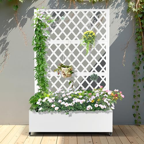 FENCY Metal Planter Box with Diamond Lattice Trellis Planter Box for Climbing Plants/Vines, Galvanized Raised Garden Bed On Wheels, Garden Bed with Trellis(73x47 White)