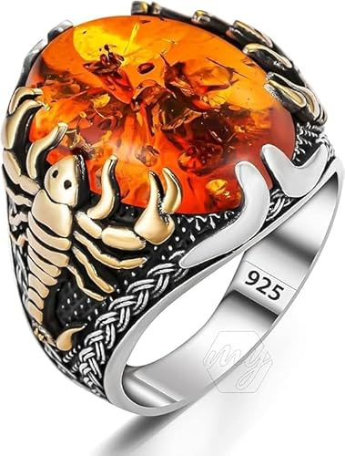 TAKILINGO Anello da uomo in argento Sterling 925 massiccio, con pietra di ambra baltica e figura di scorpione, gioiello a forma di animale, anello unico fatto a mano, Argento sterling, Ambra