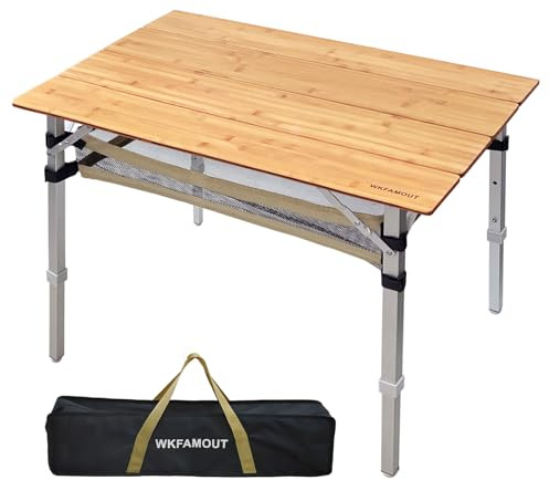 WKFAMOUT Klapptisch Campingtisch Bambus Klappbar Höhenverstellbar 80x55 cm Outdoor Gartentisch 4 Faltbar Aluminium Beine mit Netzbeutel für Camping Picknick Kochen Wandern Reisen