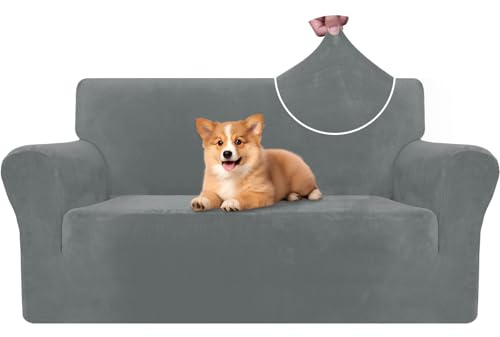 CYCMACO Samt Sofa Überzug 2 Sitzer, Sofabezug Elastische, Couch Überzug Haustier Katze Hunde, Universal Sofa Cover Moderne, Sofahusse Mit Armlehnen, Sofaschoner rutschfest, Hellgrau
