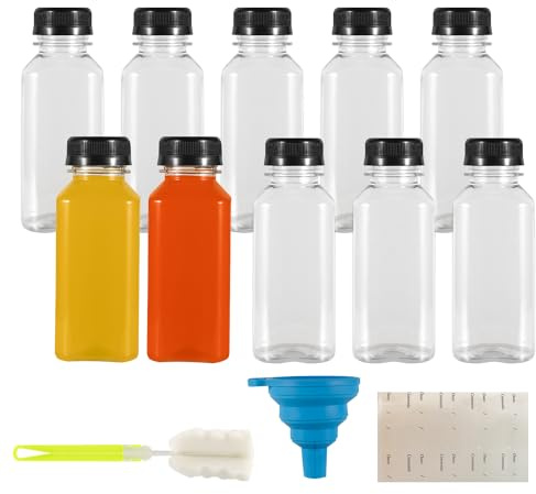 Pack de 10 botellas de plástico rellenables de 250ml, botellas de plástico rellenables vacías, Smoothie para zumos,botellas reutilizables y transparentes para nevera, licuadoras, shots, agua, leche 