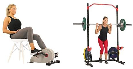 Sunny Health & Fitness Magnetic Under Desk Pedal Exerciser, Dual Function Mini Exercise Cycle Bike + Power Zone Squat Stand Rack Power Cage - SF-XF9931
