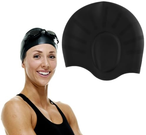 Badekappe Gehörschutz 3D, Schwimmkappe mit Ohrschutz Schwimmen für Damen, Herren und Kinder, Ohrenschutz Schwimmen, rutschfest, Reißfest, für Lange und Kurze Haare, Silikonmaterial