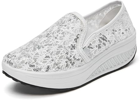 Agiyenna Scarpe da Ginnastica da Donna Slip-on con Paillettes Scarpe Estive Scarpe da Passeggio per Esterni Sneakers Leggere e Traspiranti in Maglia di Pizzo con Tacco a Zeppa