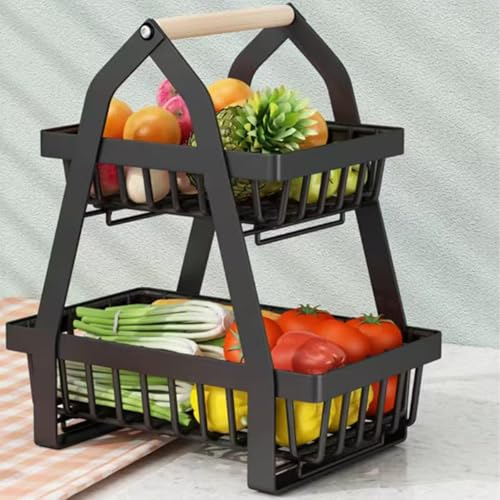 Cesto di Frutta A 2 Livelli Staccabile A Due Piani Cesto di Frutta,Cesto Frutta in Metallo con Manico in Legno for Frutta Verdura, Cesto di Frutta Fresca con Cacciavite for Casa Cucina Ufficio(Black)