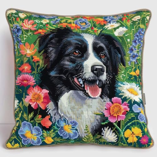 ORLUMY Diy Kissen Knüpfen Set Border Collie Tier Knüpfpackungen Hund Und Blumen Knüpfpackungen Zum Selbermachen Garnpackungen Kissen Teppich Muster Kunst Und Handwerk Häkeln Handarbeit 43x43cm