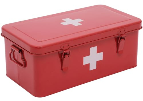 Caja para Medicamentos/Organizador de Medicamentos con 4 Compartimentos, Caja de Primeros Auxilios Portátil en Metal (Rojo) - Incluye Seguridad - Ideal para Casa, Oficina o Auto,Compacto 33x18x13 cm
