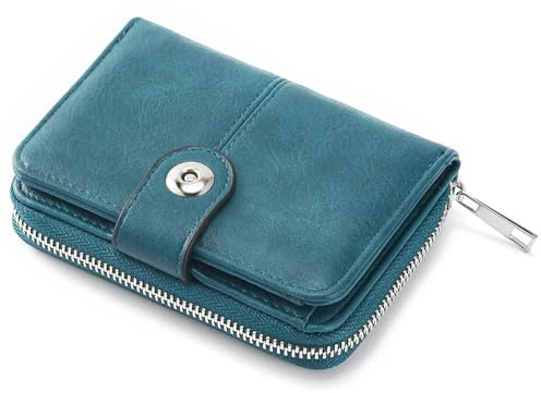 ANYWN Geldbörsen Damen mittelgroß, Portemonnaie Damen mit Kartenfächer und Großes Zipper Münzfach, RFID-blockierende Geldbeutel Frauen mit Reißverschluss und Druckknopf Blau