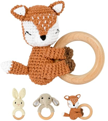 OFFCUP Baby skallra virka med ring sensorspel trä leksak skramla leksak montessori baby spel för 0+ månader barn, present till bebis - räv