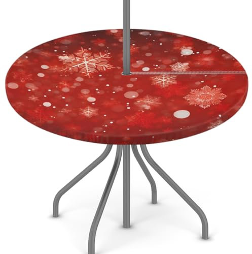 Woltant Tovaglia rotonda con foro per ombrellone e cerniera, facile da pulire, con bordi elastici, protezione per tavolo da giardino, patio, barbecue (fiocchi di neve rossi natalizi)