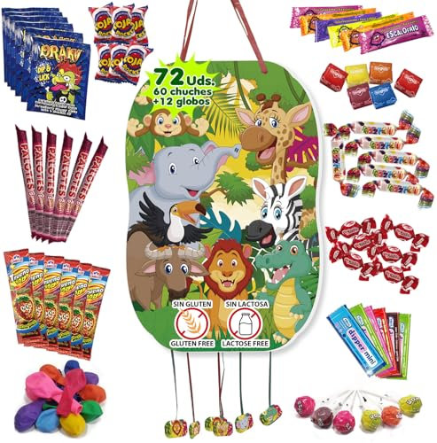 Piñata Cumpleaños Infantil de Animales de la Selva Rellena de Chuches - Decoracion Cumpleaños - Ideal para Fiestas, Comuniones y Bautizos - 60 Chuches, Gominolas y Chupachups y 12 Globos, 46x31 cm.