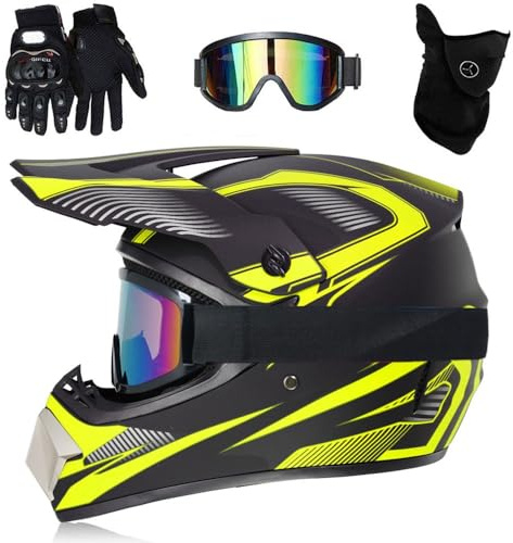 Motocross-Helme für Kinder, DOT-Offroad-Street-Dirt-Bike-Helm für Erwachsene, ATV-BMX-Downhill-Quad-Bike-Integralhelm für Motorradfahrer, mit Schutzbrille, Handschuhen und Maske(C3,XL (58-59cm))
