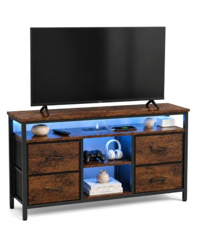 Amveya Mobile TV LED Industriale Nero e Legno per Soggiorno 110×30×78cm | PRESE E SPAZIO Due prese e due porte USB con cavo di alimentazione più 4 cassetti in tessuto per l uso quotidiano
