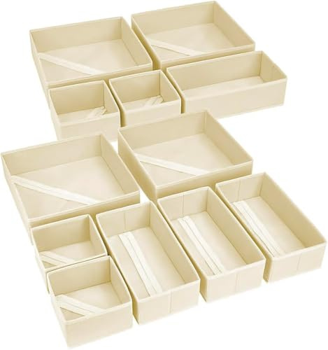 DIMJ Organizer Cassetti - Organizer per Armadio Non Tessuto, 12 Pezzi Divisori per Cassetti, Scatola di Immagazzinaggio Pieghevole, per Biancheria, Neonati, Calzini, Beige
