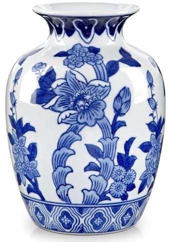 Hollyone Keramikvase Blau und Weiß Vasen 21cm Blumenvasen Vintage Deko Vase für Blume Tischdeko Porzellanvasen Retro Chinoiserie Vase für Blumenstrauß Wohnzimmer Küche Hochzeitsdeko