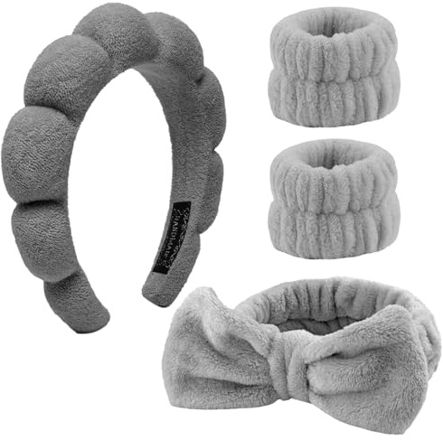 4 Stück Haarband Kosmetik,Spa Stirnband Make Up Schwamm Set Damen, Hautpflege Stirnband Waschen Gesicht Wristband Set Für Frauen Schönheit Mädchen Yoga Sport Dusche Make-up-Entfernung (Grau)