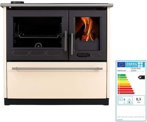 EIDER BIOMASA – Cocina de Leña con Horno Iron Steel – 10,08 kW – Calienta hasta 170 m³ – Medidas 89x61x85 cm – Estilo Tradicional – Color Crema – Eficiencia A+