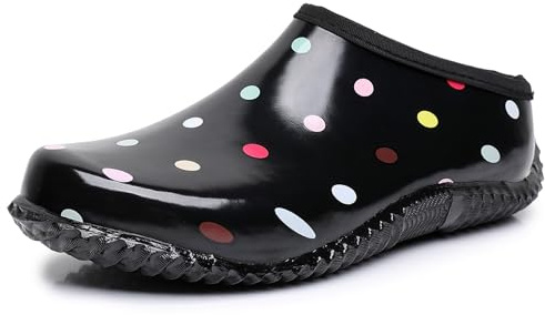 LANCDON Waterproof Rain and Garden Shoes for Women Comfort Outdoor Slip-On Garden Ankle Rubber Rain Boots All Weather Yard Work Size 11 Black Dots