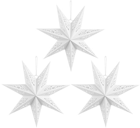 GLEAVI 3 paralumi per lanterne a forma di stella di carta traforata - Decorazioni a forma di stella a punte per Natale, matrimoni, feste di compleanno - Paralume in carta bianca