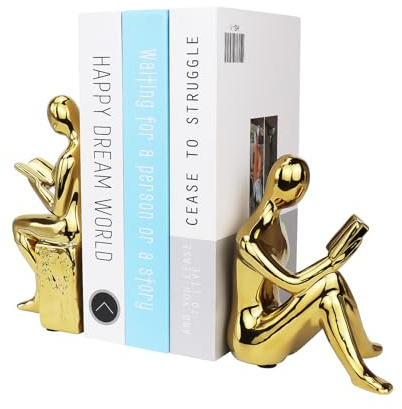 2er Set Buchstützen Gold, Dekorative Buchhalter aus Keramik, lesendes Paar