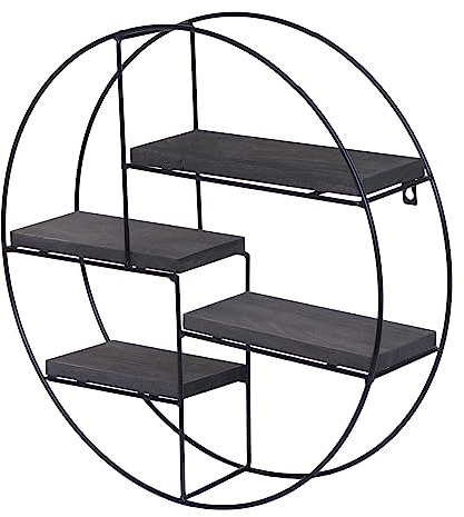 Berlinlodge Wandregal rund HxBxT 45x45x11cm 4 Regalböden Metall Massiv-Holz Industrial Dunkelgrau Hängeregal Schweberegal Regal schwebend Küche Wohnzimmer Schlafzimmer Deko Büro einfache Montage