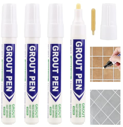 4Pcs White Grout Pens for Tiles, Waterproof Paint Marker Grouting Pen | for Bathrooms Kitchen Tiles Repair, Grout Whitener Whitening Reviver Pen for Restoring Discoloured & Faded Joints
