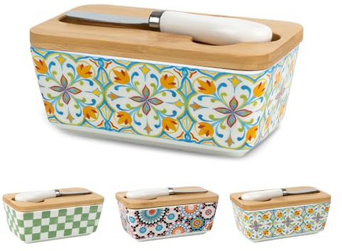MIATTCLD Butter Dish with Lid, 5.8 Large, Ceramic & Wood, Silicone Sealed, Boho 2 Floral Pattern