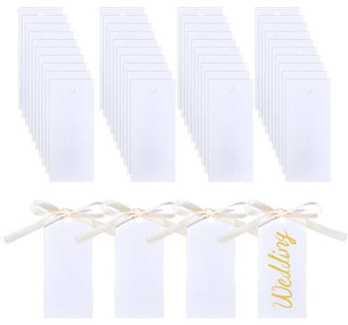 CRAFTYMELODY 100 juegos de tarjetas de lugar con nombre para mesa de 1.57 x 3.54 x 0.01 pulgadas, tarjetas de lugar de mesa con cinta blanca floral en blanco, tarjetas de asiento colgantes, etiquetas