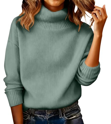 Cozy Turtleneck Cotton Sweaters for Women Soft Casual Mock Tops Fall Winter Dressy Chenille Ladies Pullover Sweater Warm Comfy Knitted Thermal Long Sleeve 2026 Christmas Jumpers Green