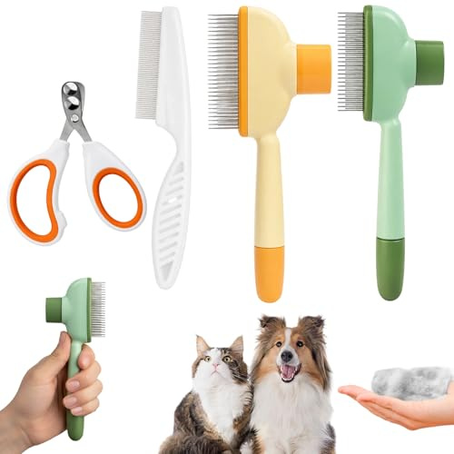 Katzenbürste, Fellblitz Bürste Katze, 4-teiliges Haarpflegeset für Katzen, Inklusive 2x Fellblitz Bürsten, 1x Nagelschere, 1x Flohkamm, Praktisches Set für die tägliche Pflege