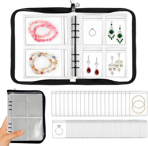Figtacico Transparentes Schmuckaufbewahrungsbuch, Tragbarer PVC Schmuckordner mit Großer Kapazität, Reißverschluss, Ringbindung und 80 Versiegelten Beuteln, Ideal für Damenreisen