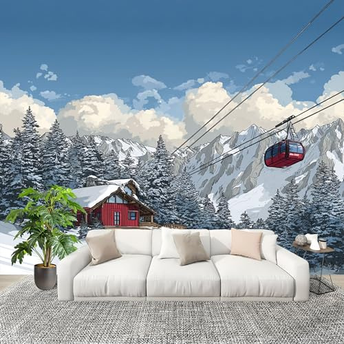 Papel Tapiz 200x140 cm Bosque MontañAs Nevadas EstacióN De Esquí Decoración De Pared Sala Cuarto Oficina Salón Azul Fotomural limpiable - Mural de Papel Pintado