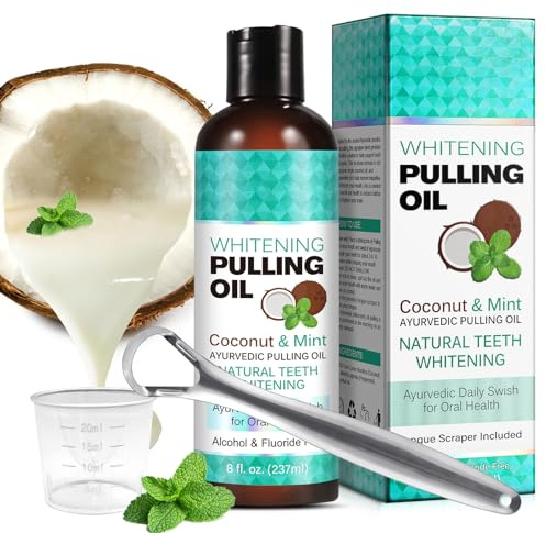 Coconut Oil Pulling with Tongue Scraper, Natural for Teeth Whitening, Fresh Breath, with Coconut & Peppermint