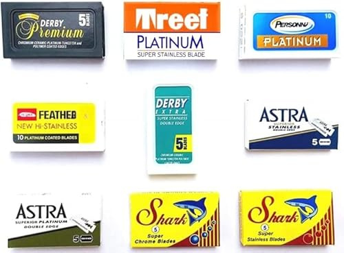 60 Rasierklingen für Rasierhobel, Astra-Derby-Fẹather-Treet-Shark-Persọnna-Shark, Rasierklingen Set, 9 verschiedene Klingentypen