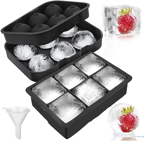 LessMo 2 piezas de bandejas de cubitos de hielo, fabricador de bolas de hielo esféricas de silicona con tapa y moldes cuadrados grandes de cubitos de hielo para whisky, reutilizables y sin BPA