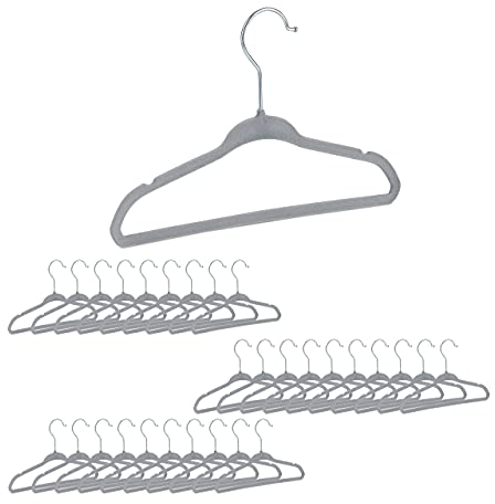 Relaxdays 30er Set Kinderkleiderbügel Samt, rutschfeste Kleiderbügel, Steg & Kerben, für Mädchen & Jungen, drehbar, grau