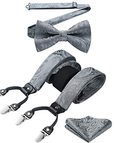 HISDERN Bretelle da Uomo Grigio Paisley Eleganti Regolabile 6 Clips di e Forma a Y Elastica Bretelle Papillon e Fazzoletto da Taschino Set da Uomo