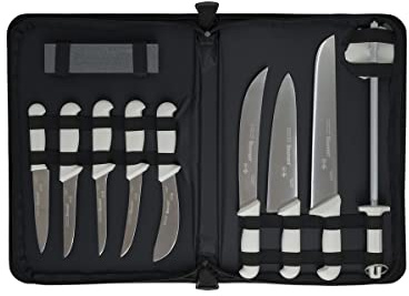 Starrett Professional Butchers Knife Set - 11 Pieces Stainless Steel White Ergonomic Handles Kitchen Chef Knife - Includes Boning Skinning Steak Knives Protector Stone