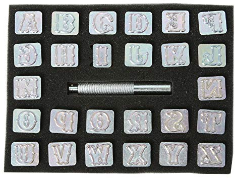 27-teiliges Standard-Alphabet-Leder-Stanz-Set, 26 Stück 19 mm Buchstaben-Alphabet-Stempel und 1 Stempelgriff.