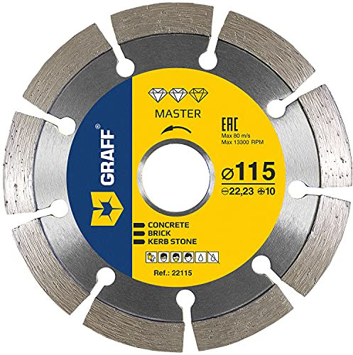 GRAFF Disco da Taglio Diamantato 115 mm per Pietra, Cemento armato, Granito, Calcestruzzo, Cemento anticato - Disco Diamantato Professionale per Smerigliatrici Angolari - Altezza Segmento 10mm