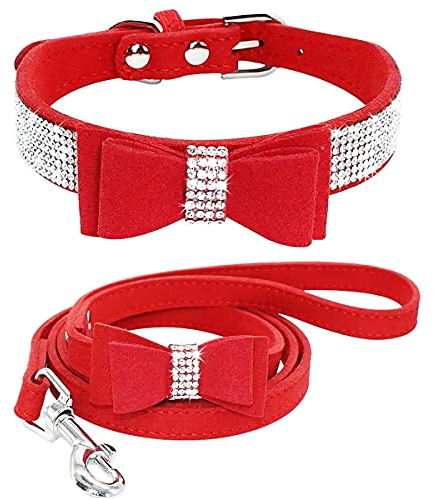 Hundehalsband Mit Leine Set Haustierhalsbänder und Leinen Verstellbare Hundekatze Bowknot Kristall Hundehalsband für Kleine Hunde Mittelgroße Hunde