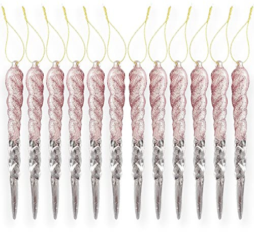 AKH® 13CM / 5 Christmas Hanging Icicles | Icicles Ornaments Bubbles | Pack of 12 | Glitter Baubles (Rose Gold)