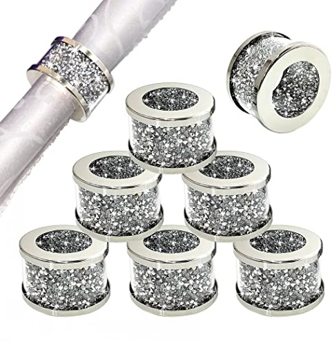 STYLISHIA Silver Diamond Glass Napkin Holder Stainless Steel Framed Crystal Silver Napkin Rings Set of 8 Pieces, Glam Serviette Buckles Cloth Holder Bling Crushed Diamond Table Settings Home Decor