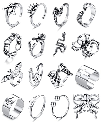 Kakonia 16 Stück Sliver Goth Punk Ringe für Männer Cool Open Gothic Ring Snake Spide Bat Schmetterling Vintage stapelbare Tierringe Bulk Knuckle Emo Y2k Rings Set Silber Stil-D
