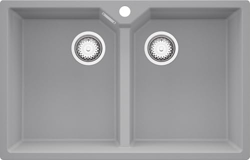 PRIMAGRAN Lavello da Cucina al Mobile 80cm + Kit di scarico, 78x50cm | Set: Kit di scarico (sifone, piletta, troppopieno) + Lavandino in Granito a 2 vasche - Madrid Twin, Grigio
