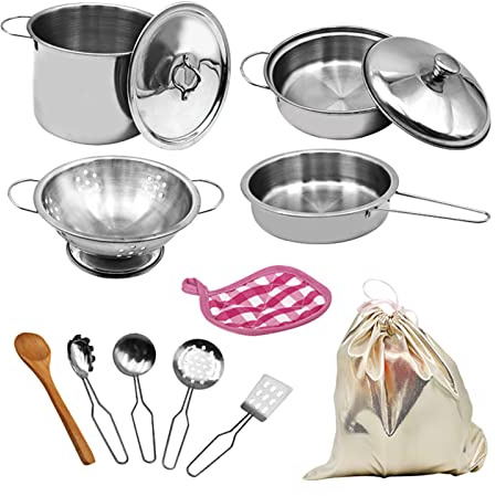 Toy Pots and Pans Set,12 PCS Kitchen Toy Children Pots and Pans Pretend Play with Storage Bag Simulated Kitchen Toy Stainless Steel Soup Pot Pan Shovel Spoon Children Chef Role Playset Cooking Set