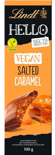 Lindt Schokolade | HELLO Vegan Salted Caramel, 100g Tafel, Geschenk | Vollmilch Schokolade, Vegan, Karamell, leichte Salznote, Mandelmark, pflanzenbasiert, Genussmomente, zum Teilen & Verschenken