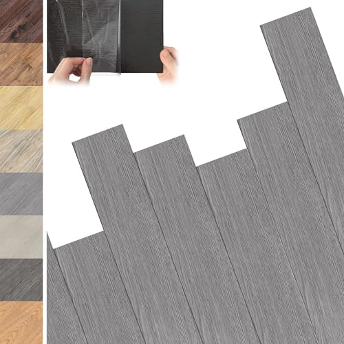 YRHome PVC Bodenbelag 5m² Grau, Selbstklebende Vinyl Fliesen mit Klicksystem, Holz-Effekt Vinylboden für Fußbodenheizung geeignet, Abmessungen 91,44cm x 15,24cm x 2mm, Inhalt 36 Fliesen
