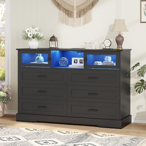DICTAC Farmhouse 6 Drawers Dresser with Charging Station, LED Long Dresser with 2 Sliding Doors, Wood Wide Chest of Drawers, Storage Dressers Organizer for Bedroom, Living Room, Black