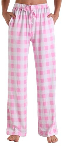 Rutiga pyjamasbyxor för män: Rutiga sovbyxor, dam, bomull, sovbyxor, vida pyjamasbyxor, tofflor, hög midja, tygbyxor med fickor, nattkläder, stora storlekar, pyjamasbyxor, palazzobyxor, ROSA, L